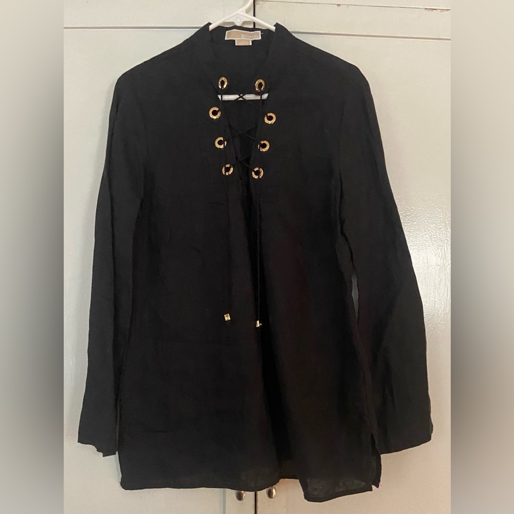 Michael Kors Black Tie Front Blouse with Mandarin Collar